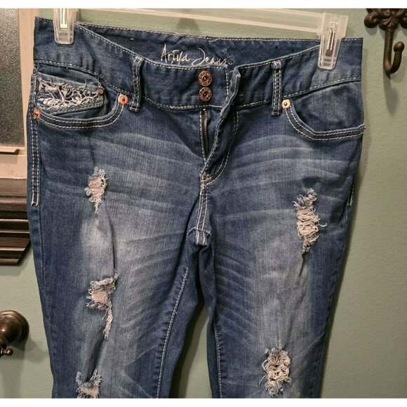 Ariya Womens Jeans 11/12 Blue Five Pocket Whiskers Bootcut Destressed Stone Wash - Picture 2 of 11